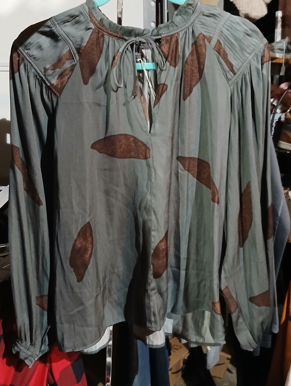 Women’s Green Tie-Neck Blouse with Brown Leaf Print